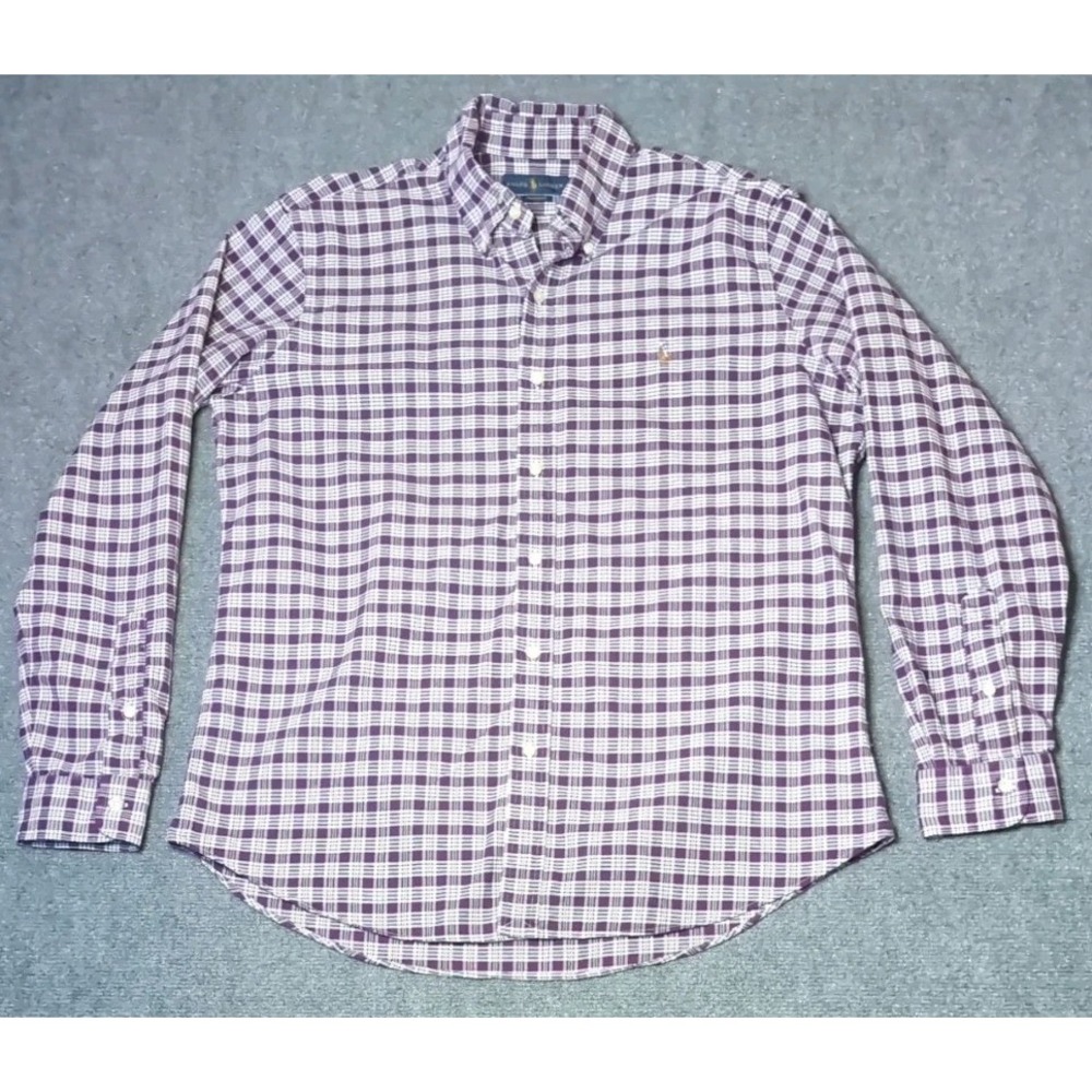 Ralph Lauren Men's Classic Fit Purple‎ White Plaid Long Sleeve Flesh Pony Large